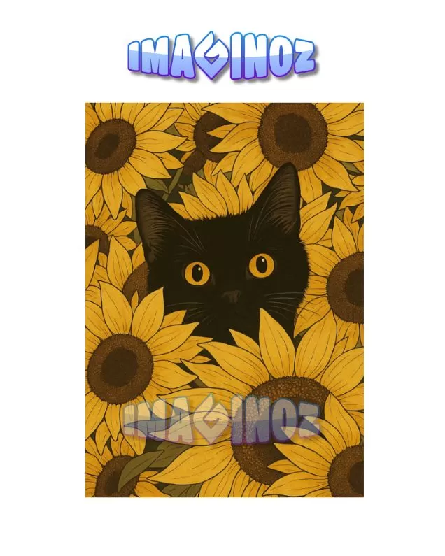 Black Cat in Sunflowers Poster A4