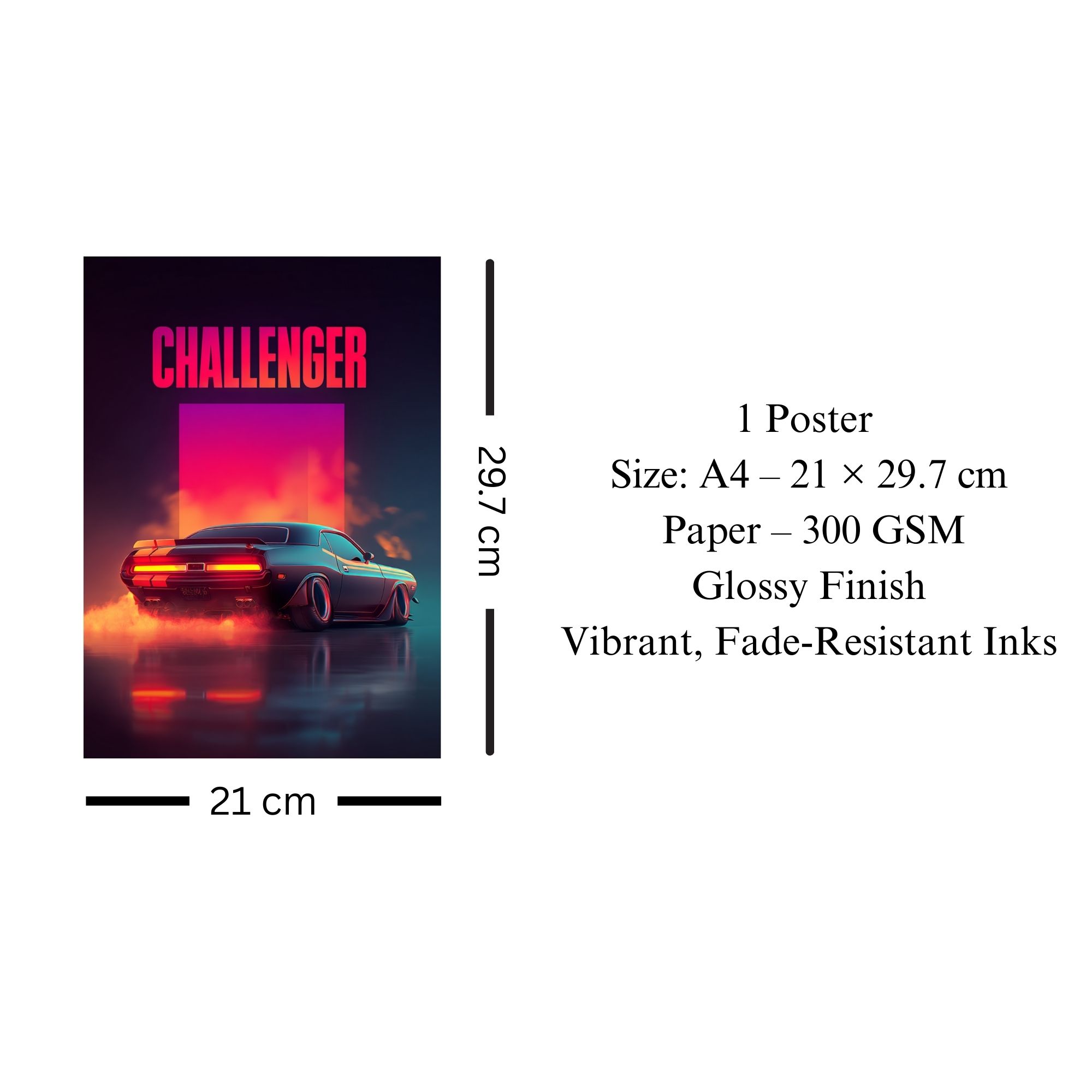 Dodge Challenger Neon Drift Poster A4 thumbnail 3