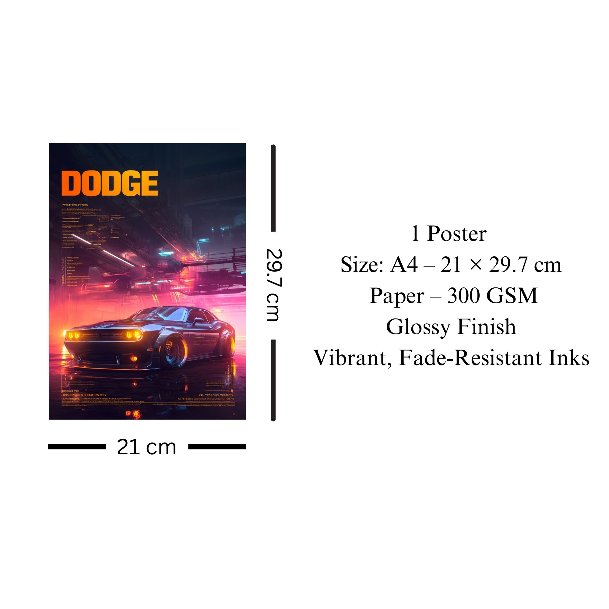 Dodge Muscle Car Poster A4 | Neon Cyberpunk Style Wall Art thumbnail 3