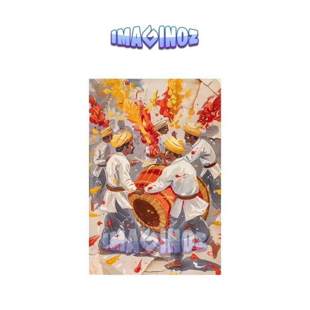 Holi Celebration with Dhol Poster A4 | Indian Festival Wall Art