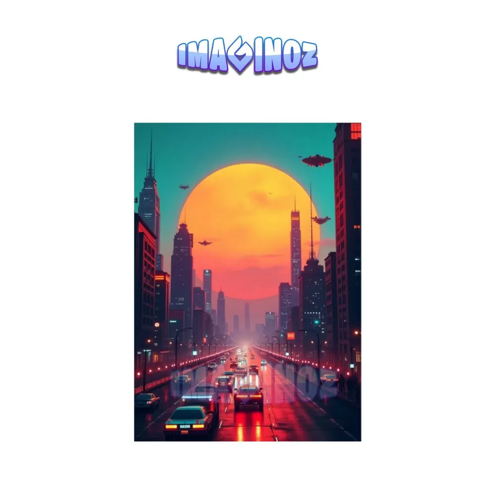 Neon City Sunset Poster A4