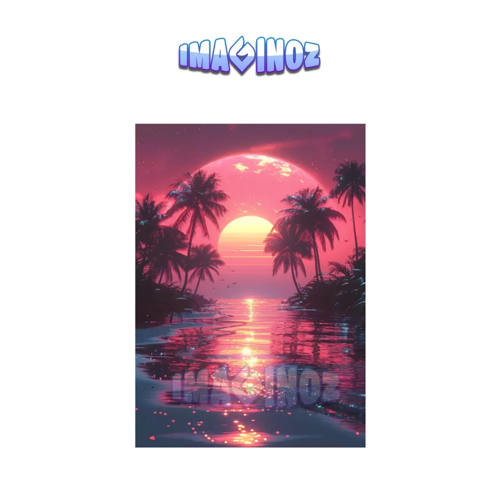 Neon Sunset Palm Beach Poster A4