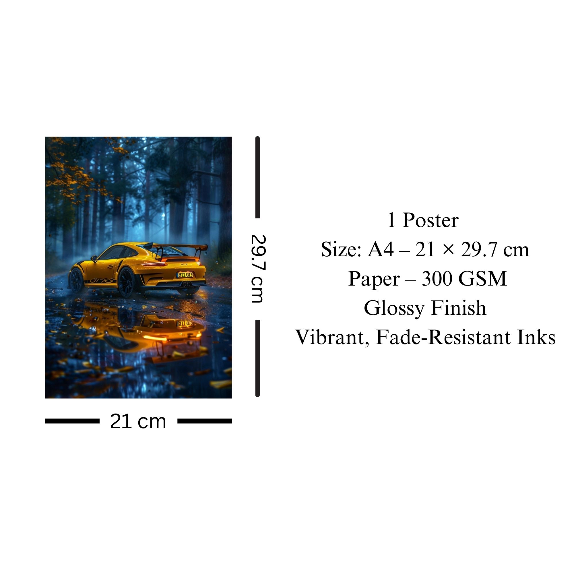 Porsche 911 GT3 RS Poster A4 | Yellow Supercar Wall Art thumbnail 3