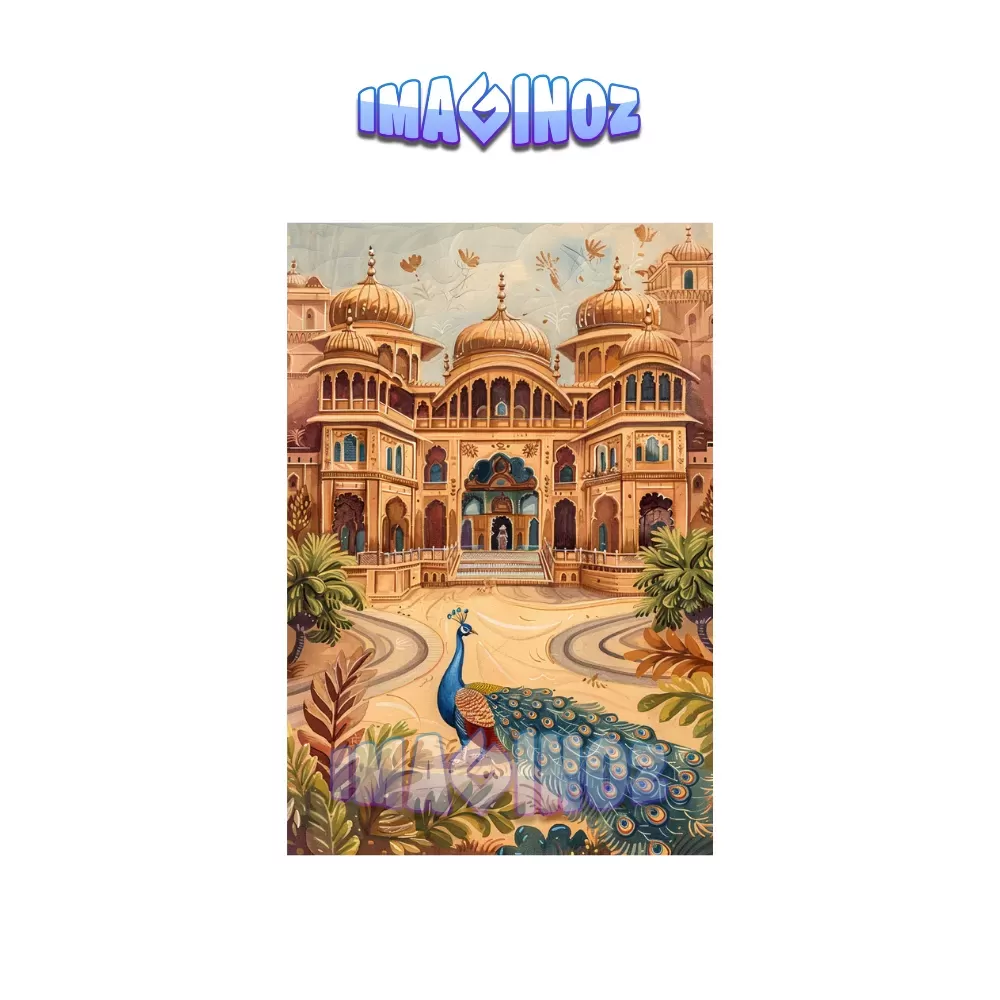 Royal Palace Courtyard with Peacock Poster A4 | Indian Culture Wall Art