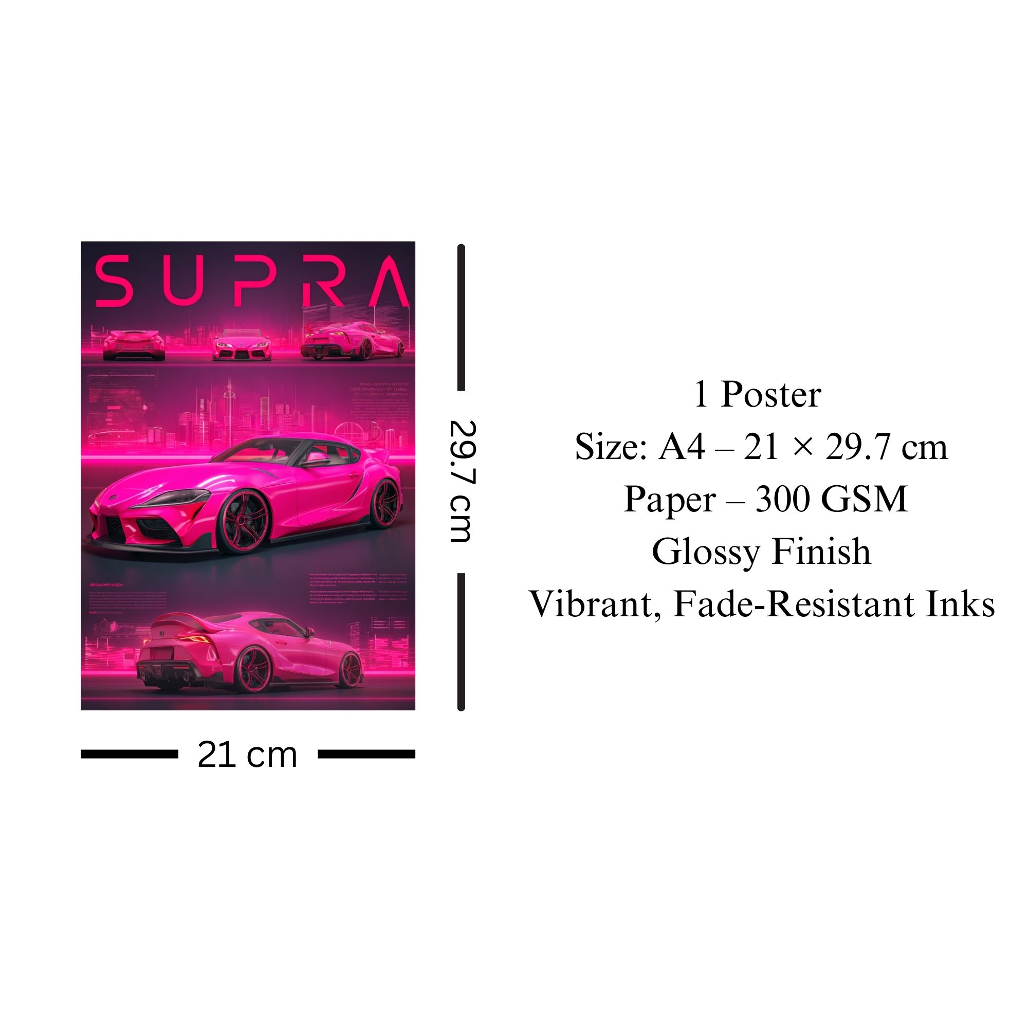 Toyota Supra Poster A4 | Neon Pink JDM Car Wall Art thumbnail 3