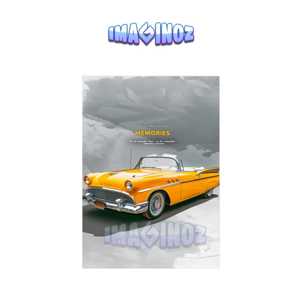 Vintage Yellow Convertible Car Poster A4 – “Memories” Edition