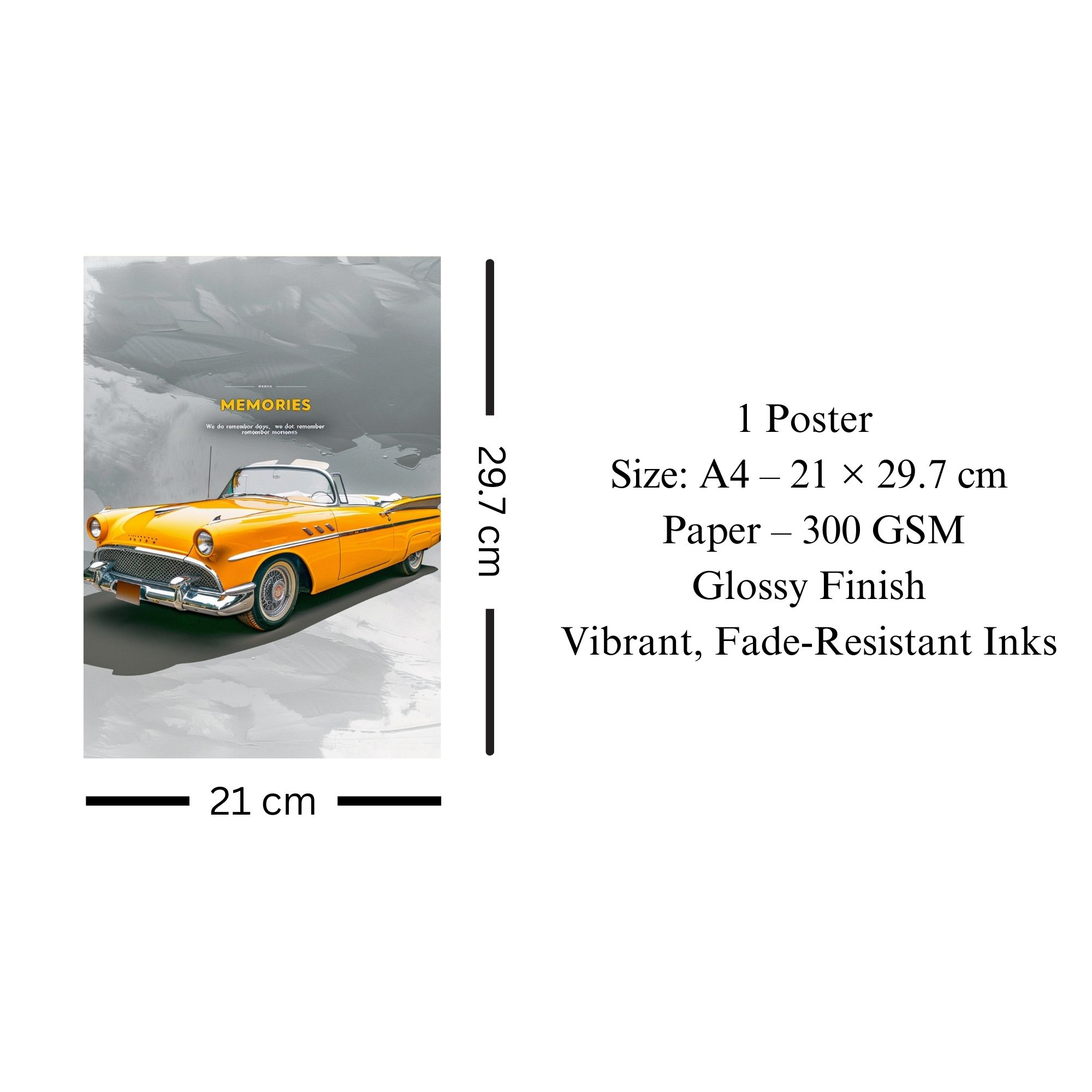 Vintage Yellow Convertible Car Poster A4 – “Memories” Edition thumbnail 3