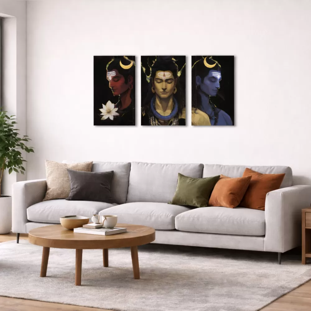 Mahadev Trikal Split Poster – Minimal Spiritual Wall Art (3-Panel Set)