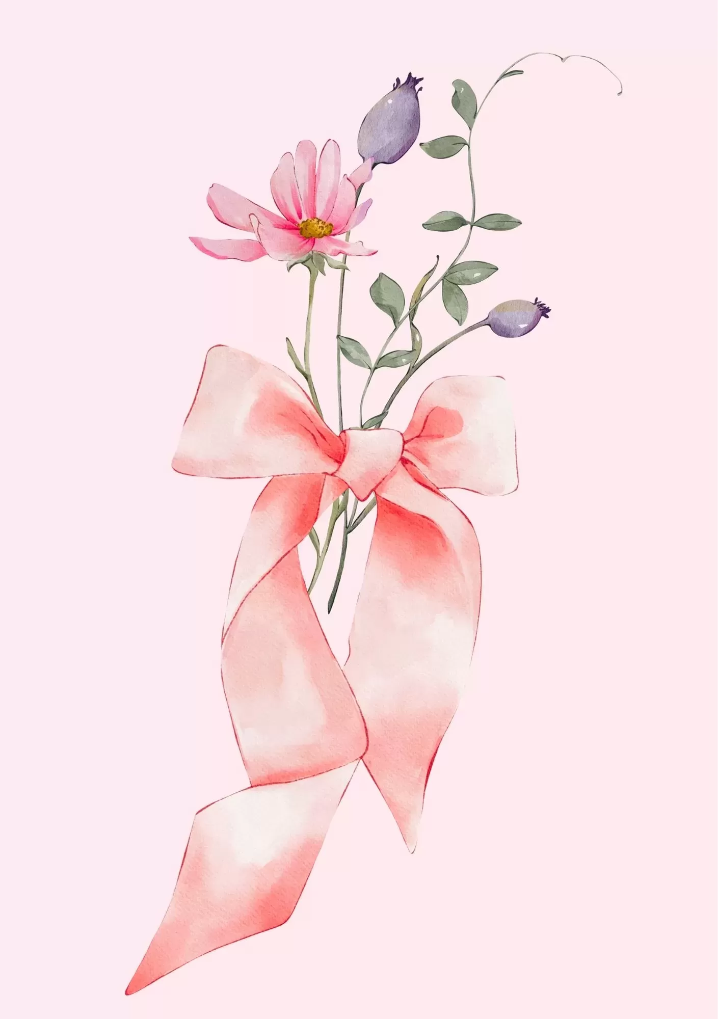 Watercolour Pink Flower with Soft Ribbon Aesthetic Art – A5 Poster