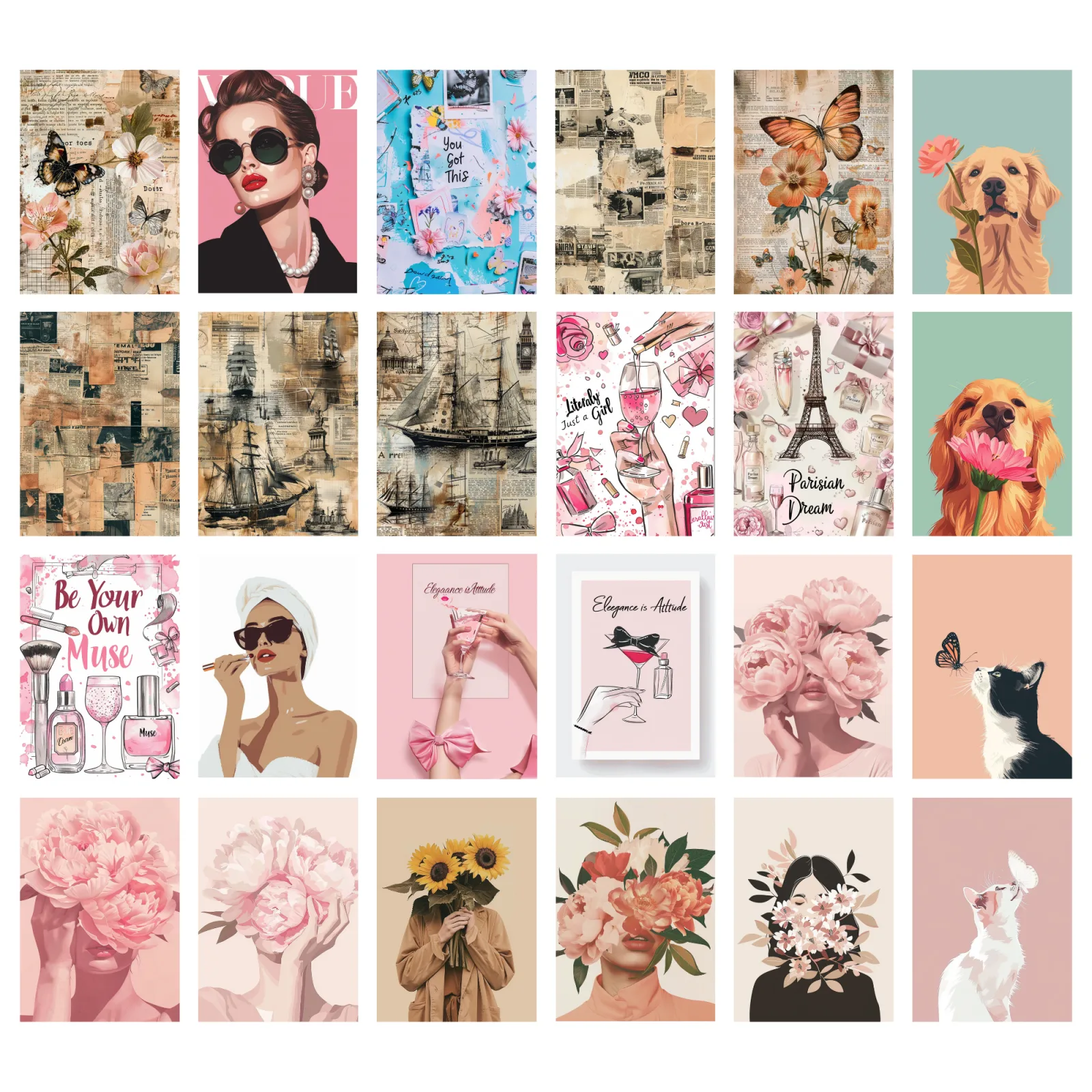 Pack of 24 Aesthetic Collage Wall Posters – Vintage, Floral & Fashion Room Decor